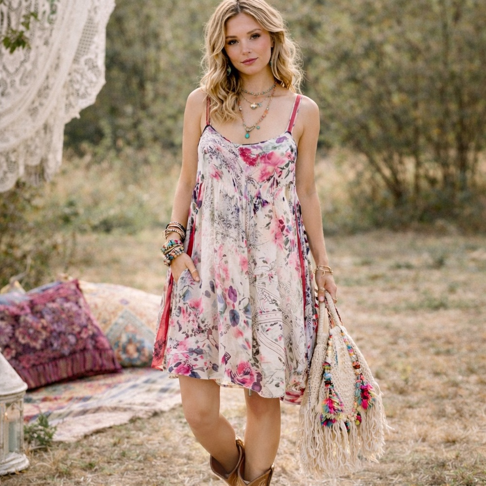 Johnny Was 100% Silk Printed Floral Bandana Dress Size XS